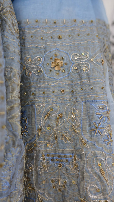 Baby blue vintage silk voile large dupatta – shown draped