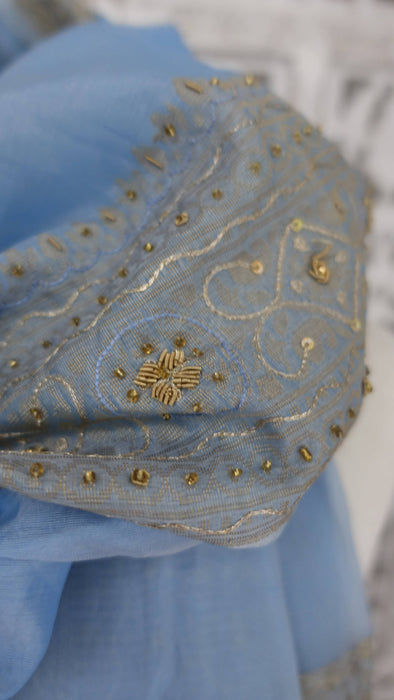 Baby blue vintage silk voile large dupatta – close-up of the embellishment