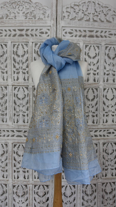 Baby blue vintage silk voile large dupatta – full length view
