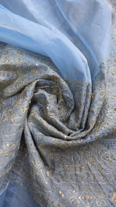 Baby blue vintage silk voile large dupatta – border detail