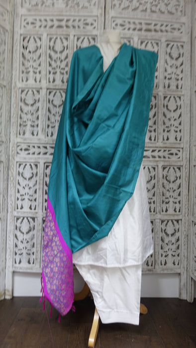 Teal and pink pure silk dupatta