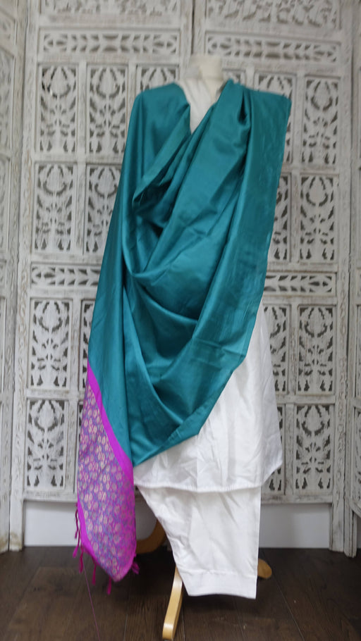 Teal and pink pure silk dupatta