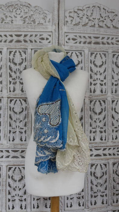 Cream and blue vintage chiffon dupatta – full length view