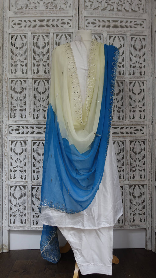 Cream and blue vintage chiffon dupatta