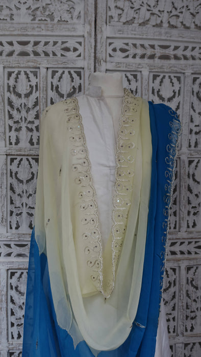 Cream and blue vintage chiffon dupatta – border detail