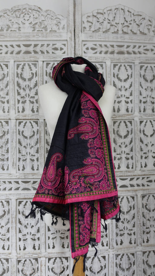 Black tissue silk paisley embroidered dupatta – full length view