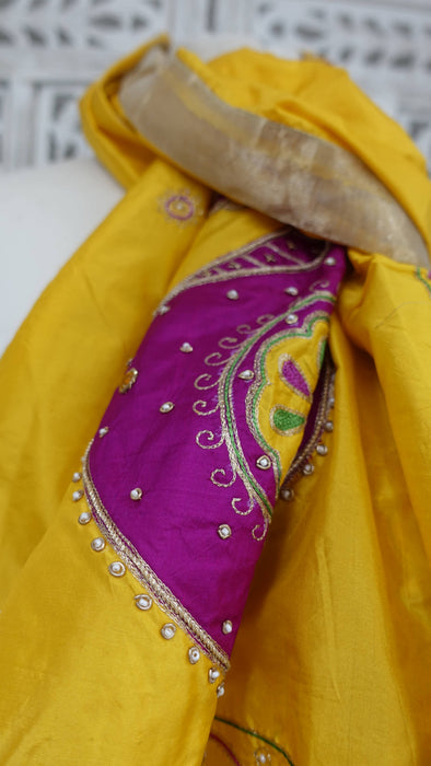 Bright yellow pure silk vintage dupatta – close-up of the embellishment