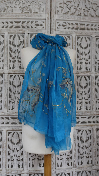 Peacock blue vintage embellished dupatta – full length view