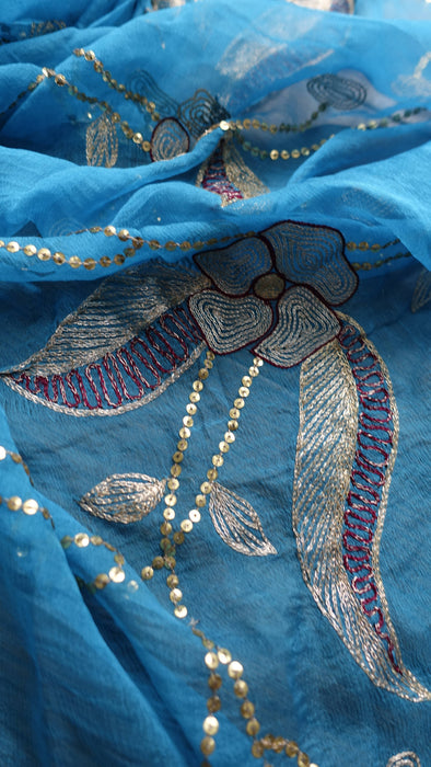 Peacock blue vintage embellished dupatta – pattern detail