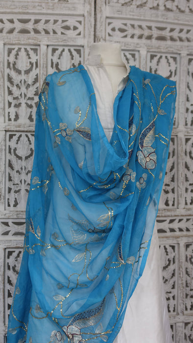 Peacock blue vintage embellished dupatta – reverse side
