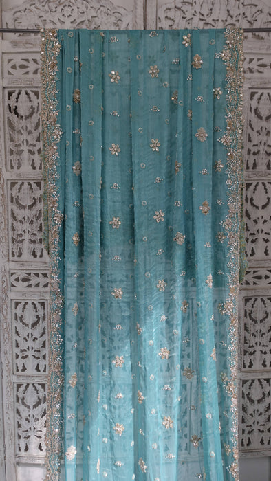 Aqua blue silk diamante trimmed dupatta – border detail