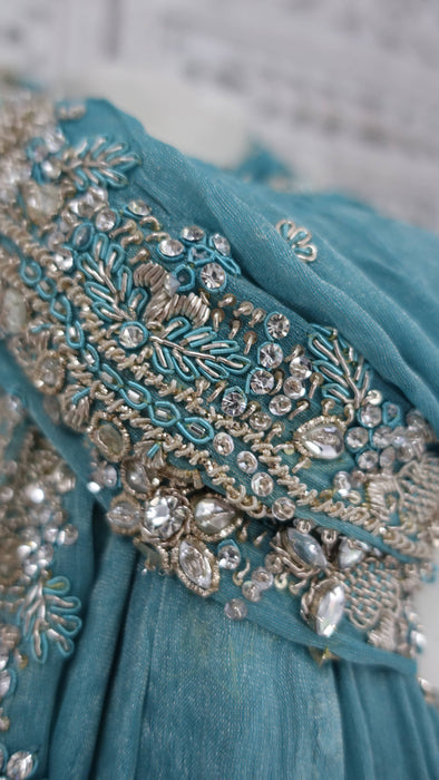 Aqua blue silk diamante trimmed dupatta – close-up of the embellishment