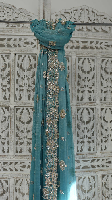 Aqua blue silk diamante trimmed dupatta – shown draped