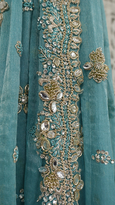 Aqua blue silk diamante trimmed dupatta – end panel detail