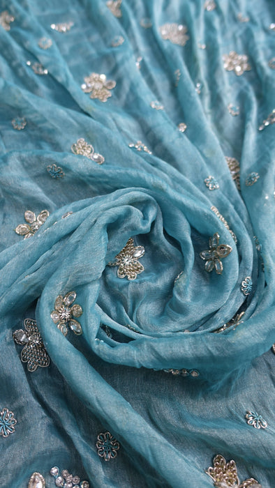 Aqua blue silk diamante trimmed dupatta – shown draped