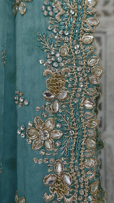Aqua blue silk diamante trimmed dupatta – folded view