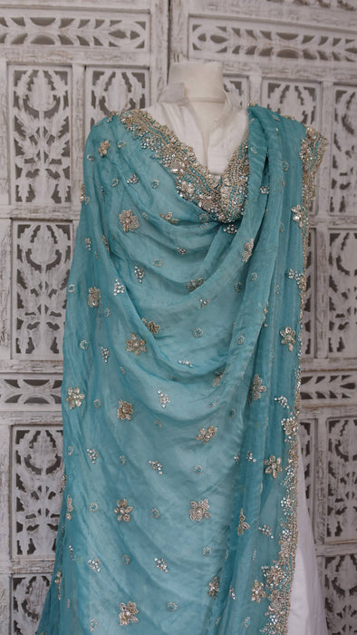 Aqua blue silk diamante trimmed dupatta
