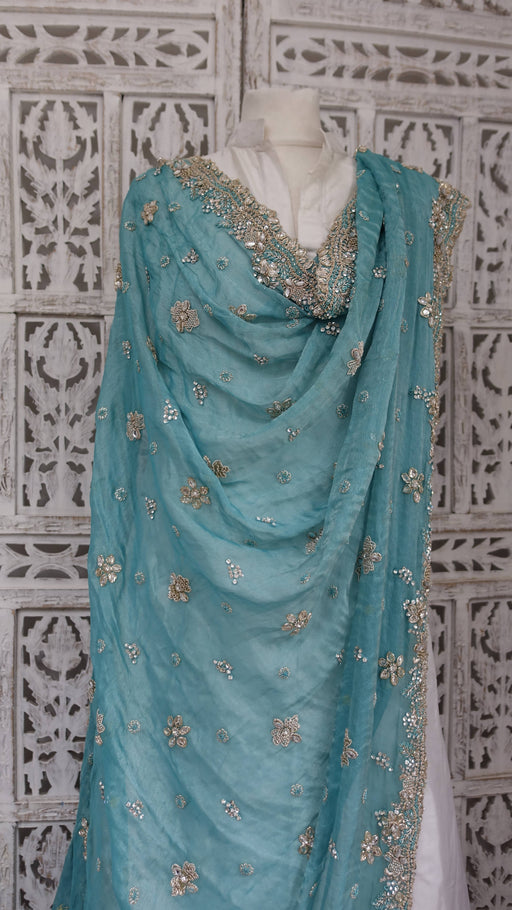 Aqua blue silk diamante trimmed dupatta