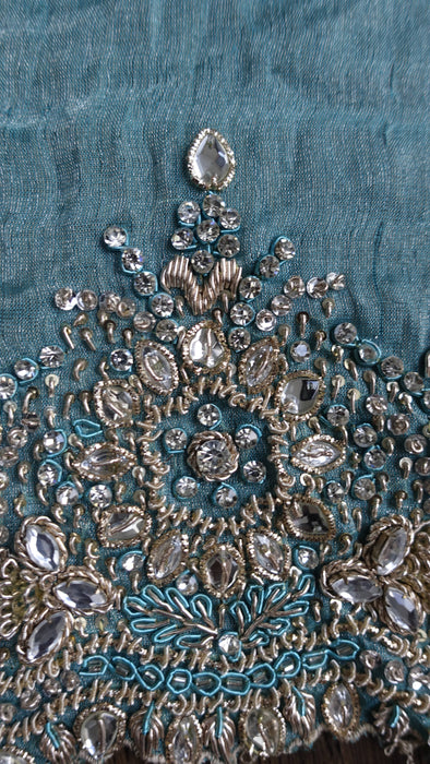 Aqua blue silk diamante trimmed dupatta – fabric and colour detail