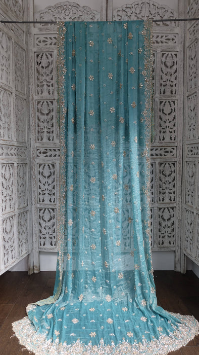 Aqua blue silk diamante trimmed dupatta – close-up of the embellishment