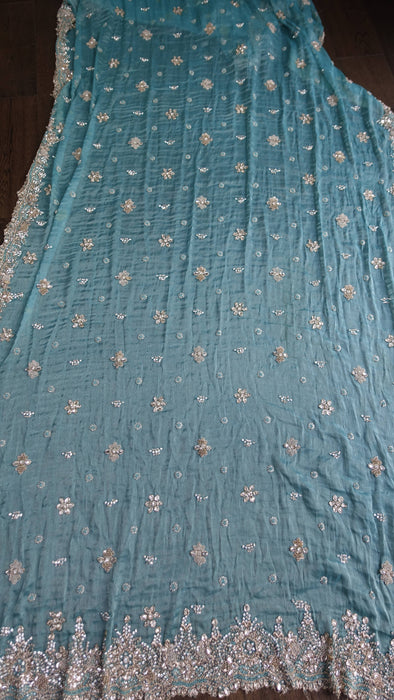 Aqua blue silk diamante trimmed dupatta – full length view