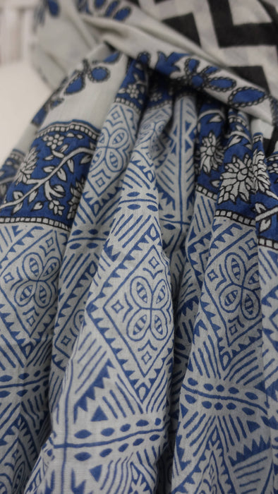 Grey blue cotton printed dupatta – shown draped