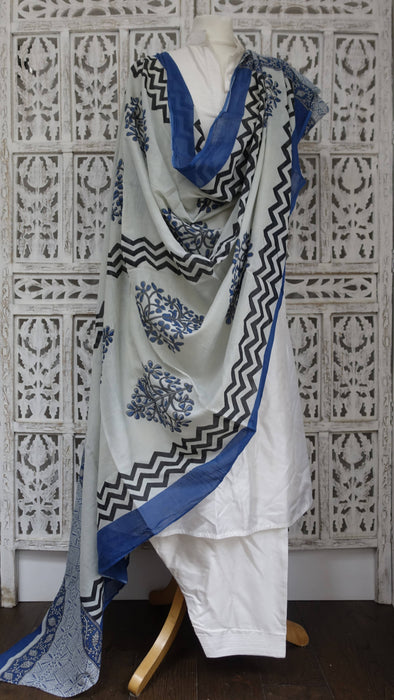 Grey blue cotton printed dupatta