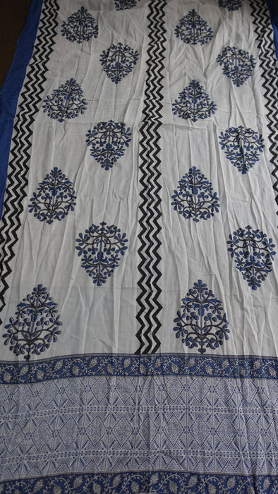 Grey blue cotton printed dupatta – end panel detail