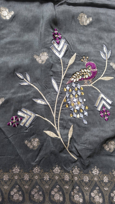 Charcoal chanderi silk dupatta – end panel detail