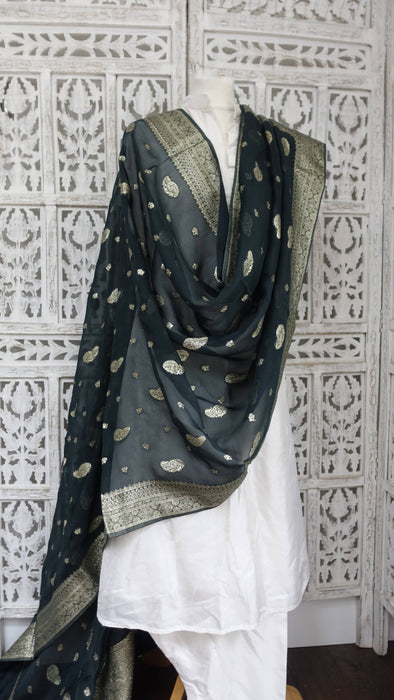 Dark green chiffon dupatta with woven gold thread