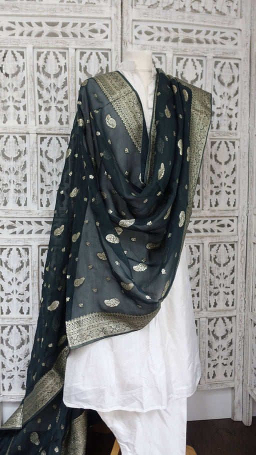 Dark green chiffon dupatta with woven gold thread