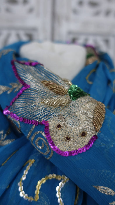 Peacock blue vintage silk chiffon dupatta – close-up of the embellishment