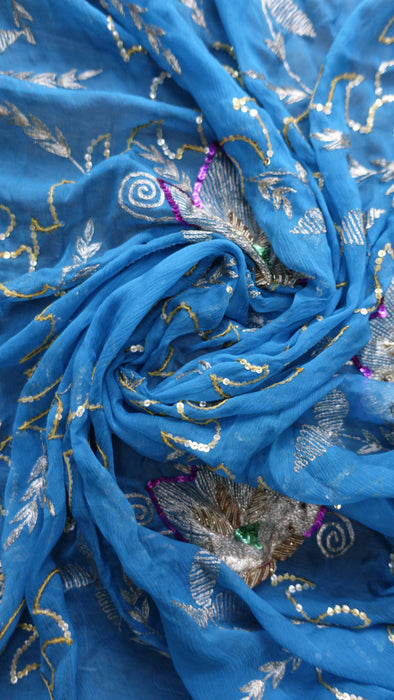 Peacock blue vintage silk chiffon dupatta – border detail