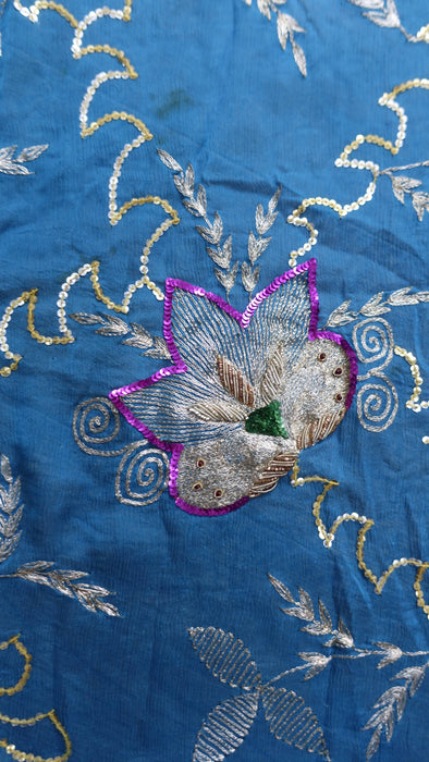 Peacock blue vintage silk chiffon dupatta – reverse side