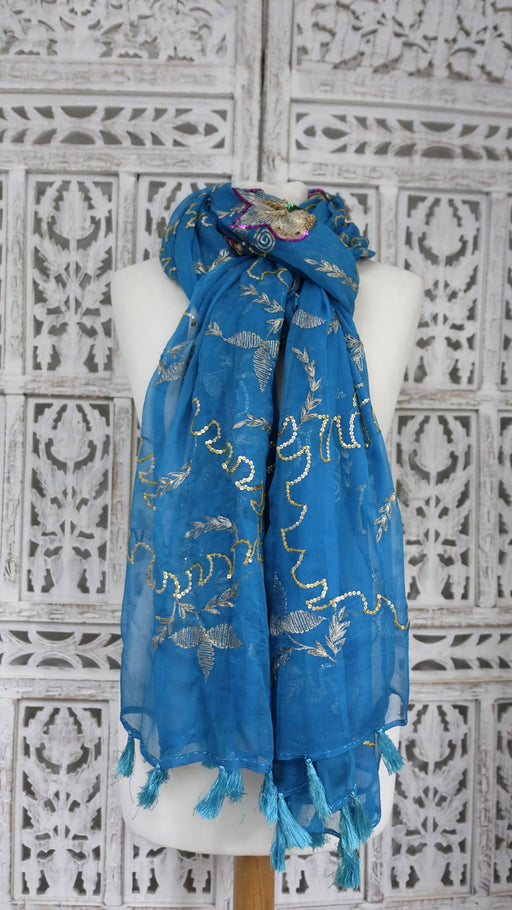 Peacock blue vintage silk chiffon dupatta – full length view