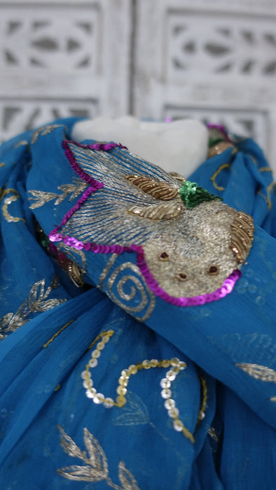 Peacock blue vintage silk chiffon dupatta – shown draped