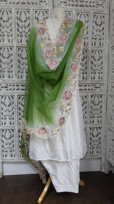 Bright green floral embroidered dupatta