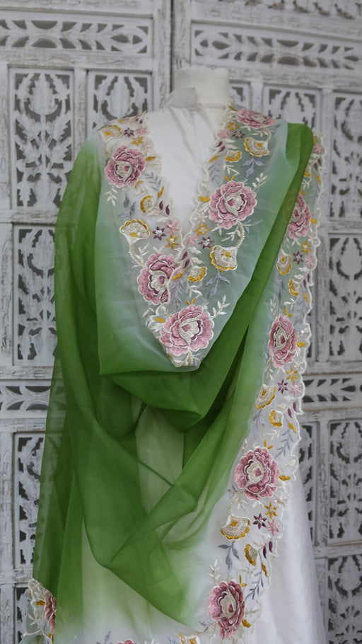 Bright green floral embroidered dupatta – full length view
