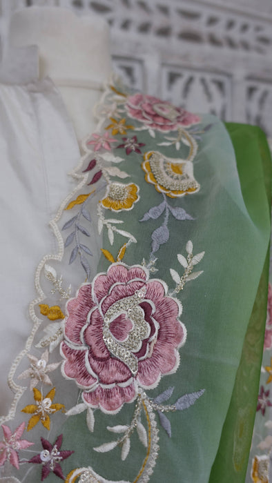 Bright green floral embroidered dupatta – fabric and colour detail