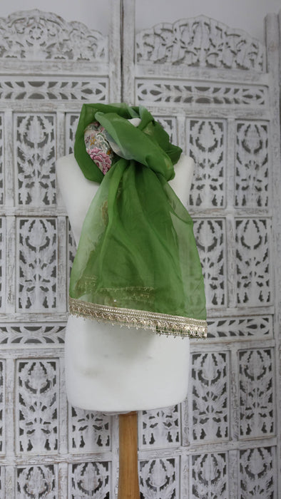 Bright green floral embroidered dupatta – border detail