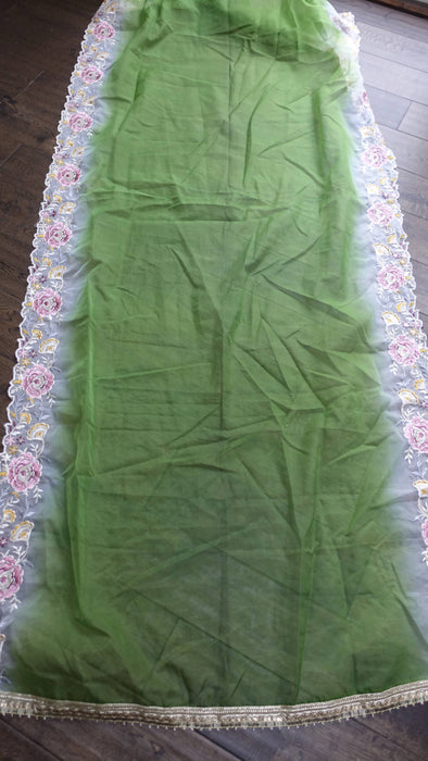 Bright green floral embroidered dupatta – shown draped
