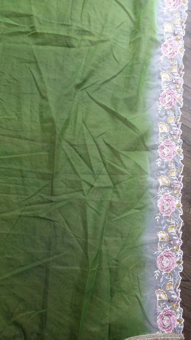 Bright green floral embroidered dupatta – close-up of the embellishment