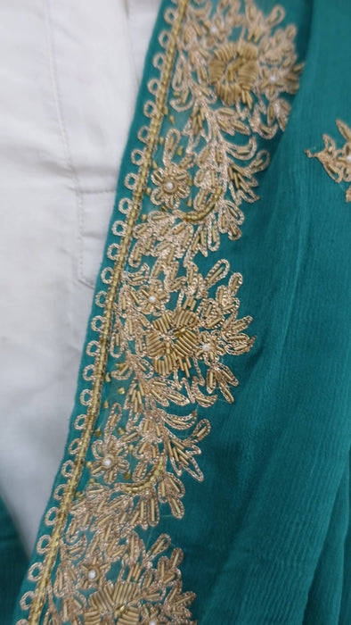 Jade silk chiffon vintage dupatta with gold zardosi – shown draped
