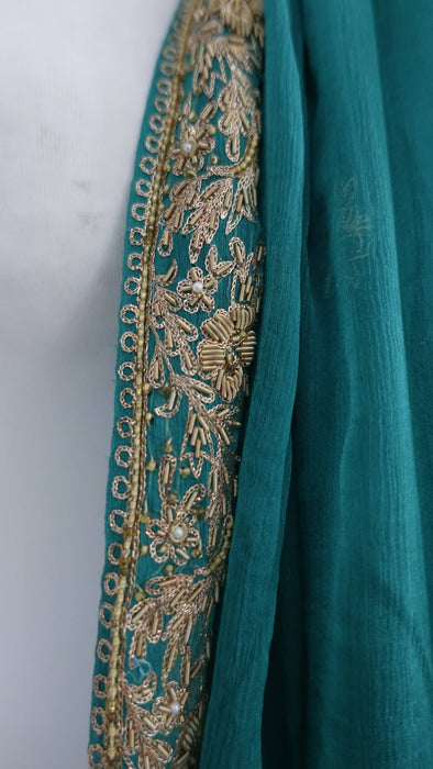 Jade silk chiffon vintage dupatta with gold zardosi – fabric and colour detail