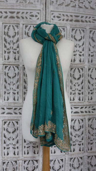 Jade silk chiffon vintage dupatta with gold zardosi – full length view