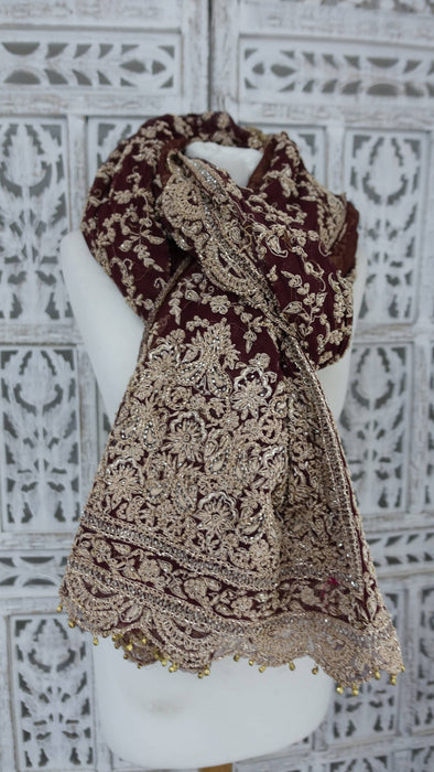 Maroon Really Heavy Zardosi Wedding Dupatta - New