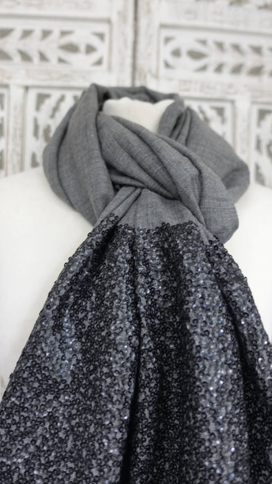 Dark grey wool really fine sequinned scarf – border detail