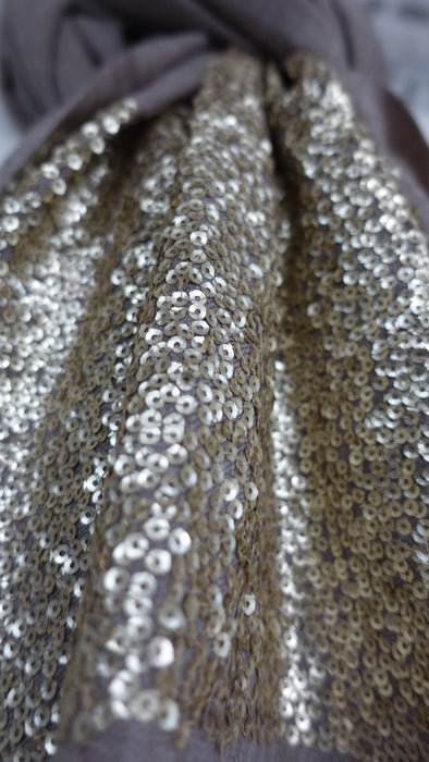 Taupe sequinned wool scarf – fabric and colour detail
