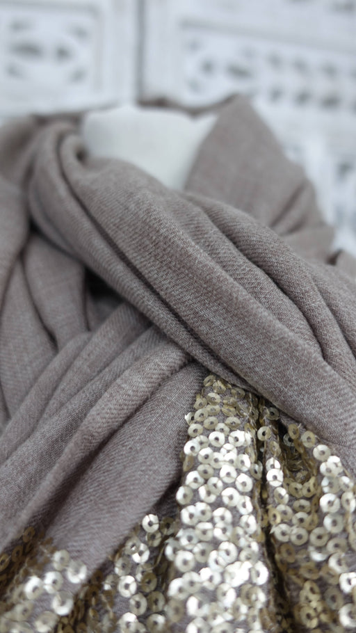 Taupe sequinned wool scarf – full length view