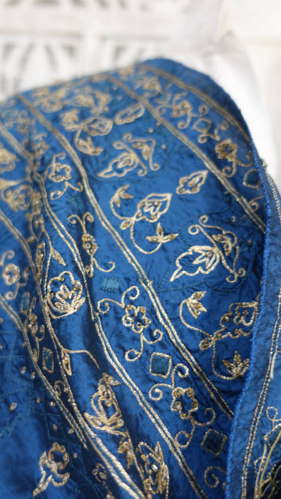 Blue embroidered vintage silk dupatta – shown draped